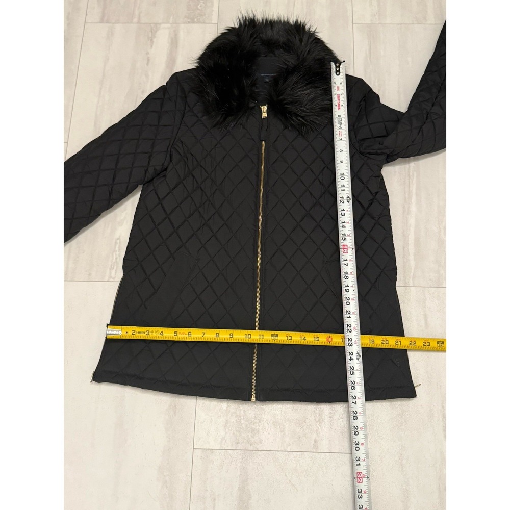 Tommy Hilfiger Black Long Puffer Jacket With Removable Faux Fur Collar Side Zips - Picture 11 of 12